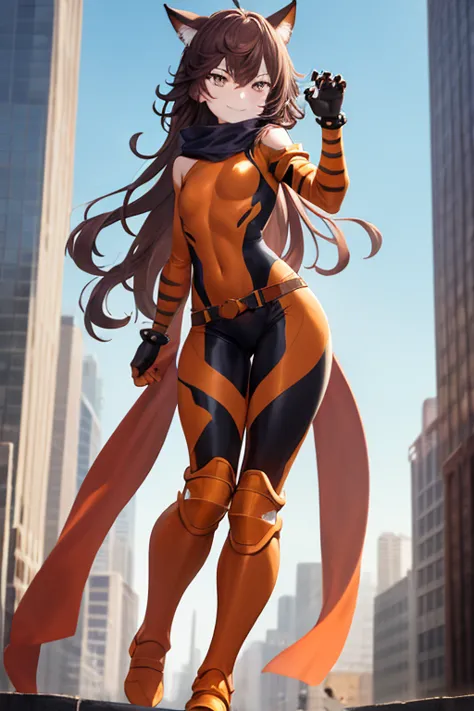 ((best quality)), ((masterpiece)), (detailed), 1 girl, 20s, young adult, orange cat ears, evil smile, long white scarf, purple eyes, brown hair, long hair, wavy hair, bangs, brown neck, somewhat short, very thin, hunched over, long metal claws, spikes on h...