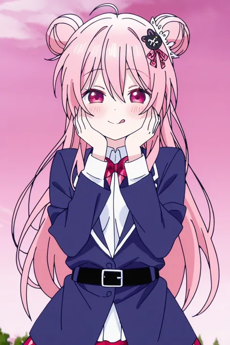 1girl, satou matsuzaka \(happy sugar life\), anime screencap, masterpiece, best quality, A young woman dressed in cosplay poses confidently against pink background. giving her a playful, demonic look. This is a side-by-side photograph of a young, light pin...