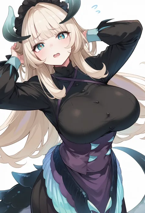 ( score_9:0.9), score_8_up, score_7_up,rating_safe,Anime Style,(zPDXL),チェンバー・ドラゴンMaid,1 girl,Alone,Dissatisfaction curtain,Low Dragonwings,Black Gangster Hat ,upper body, big breasts,,Duster,holding Duster,viewers,黒いMaid服, I closed my mouth,( score_9:0.9),...