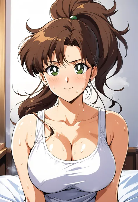 masterpiece, Highest quality, High resolution, (Makoto Kino),1990s \(style\),height: 175cm, Brown long hair,ponytail、 sexyな長い脚, Loose fitting tank top,Shorts, Bedroom,(E-cup beautiful breasts)、Sweating all over the body、vapor、Muscular、sexy、A face writhing ...