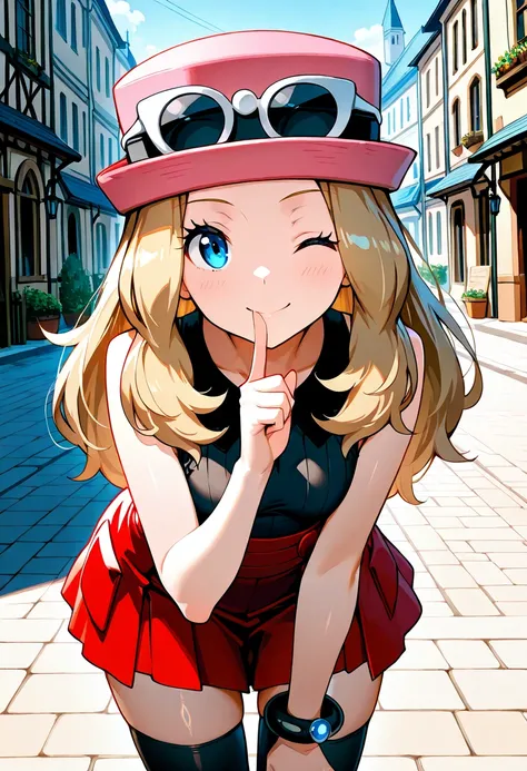 1girl, standing, put index finger on mouth, leaning forward, facing viewer, from front, BREAK zzSerena, solo, long hair, blue eyes, eyewear on headwear, pink headwear, eyelashes, sleeveless shirt, black shirt, bracelet, high-waist skirt, red skirt, black t...