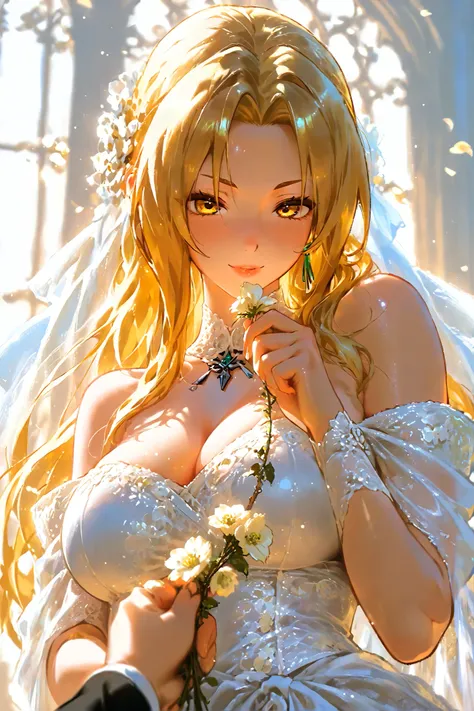 Tsunade senju, yellow eyes, blonde hair, bangs, parted bangs, wedding dress, seducing, lusty, holding flowers, shiny, Bright face, perfect light, clear background, a little far, (beautifuls piernas)(beautiful)( From below)(Japanese clothing)