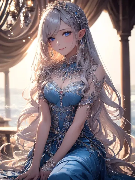 (master piece),(4k),high quality,(small breasts),1girl,elf,long silver hair,pale skin,smile,beautiful detailed blue eyes, (Highly detailed elegant),multilayered outfit, Magical colors and atmosphere, Detailed skin,The background is soft and blurry,Add a dr...