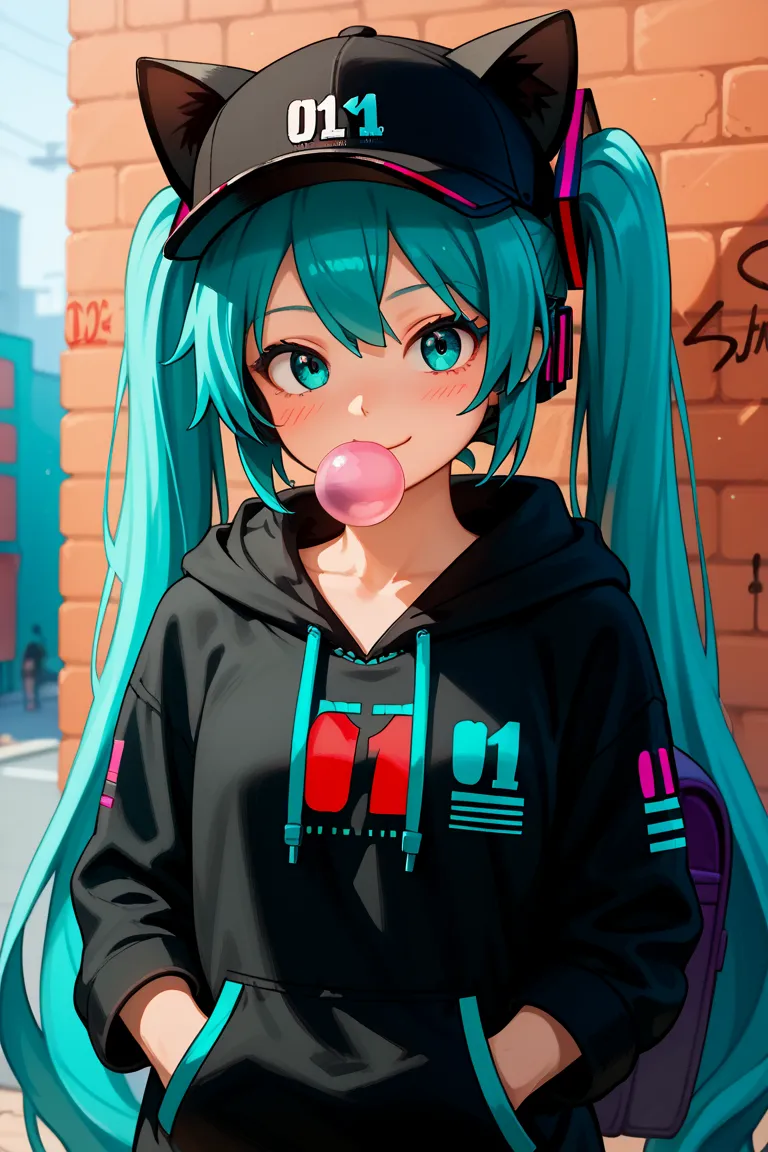 (TOP QUALITY), (8k detailed), ( masterpiece), masterpiece , 1 person , woman ,  Hatsune Miku ,  turquoise hair  , twin tails , smile ,  create a perfect body line  , Hot body ,   red 01 tattoo on one upper arm ,  exact finger , Light effects ,  Hatsune Mik...