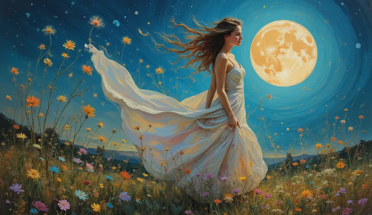 A full-body figure of a woman with flowing hair caught in the wind, her white dress billowing and dissolving into wildflowers that scatter through the air, following the intricate mathematical pattern F(x) = x⁴ sin(x) + cos(x³) sin(x²) + e^(-x³) * sin(x). ...