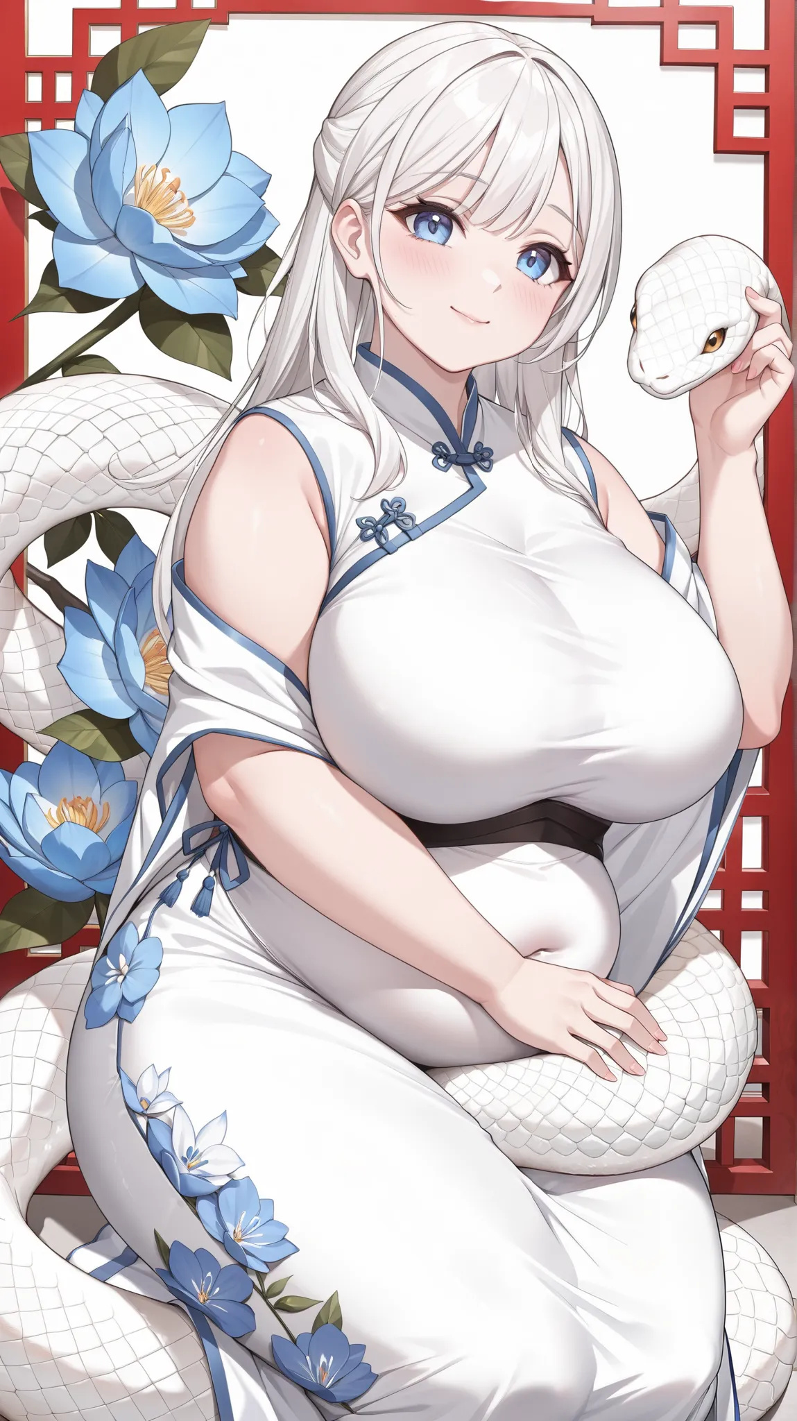 solo, a girl wearing a white choeongsam, petting a white snake, blue flower in background, Chinese theme, absurdres, plump, masterpiece, best quality, UHD