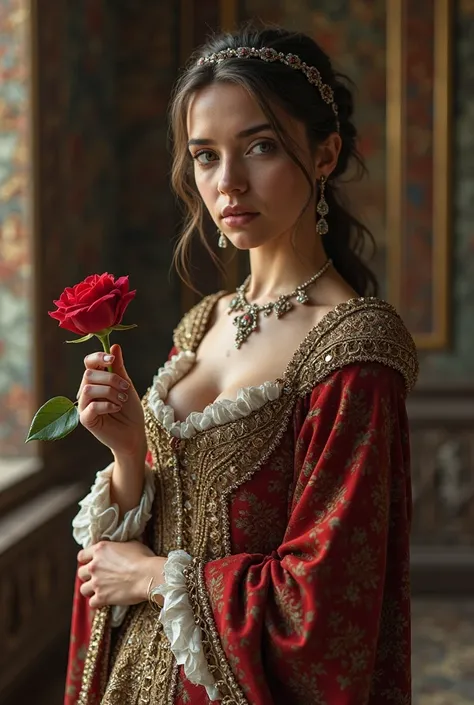 A wealthy medieval woman, standing slightly tilted to her side, not a straight face, holding a rose pose, half seen.