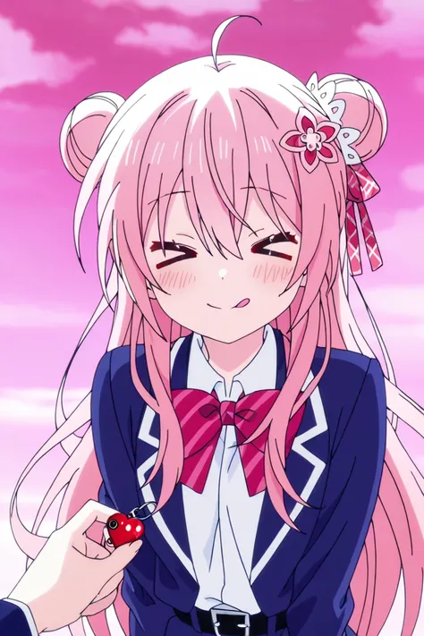 1girl, satou matsuzaka \(happy sugar life\), anime screencap, masterpiece, best quality, A young woman dressed in cosplay poses confidently against pink background. giving her a playful, demonic look. This is a side-by-side photograph of a young, light pin...