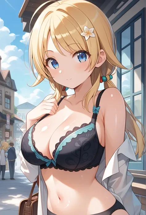 hachimiya meguru, 1girl, blonde hair, low twintails, long hair, blue eyes, huge breast, curvy, hip, slender waist, frilled bra, (detailed laces bra:1.2), black bra, black panties, see-through frills, (shiny skin:1.3), looking viewer, from front, outdoor, s...