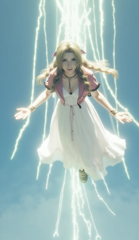 Beautiful Aerith with long blond hair, Aeris floats in the sky and、shoots rays towards the ground