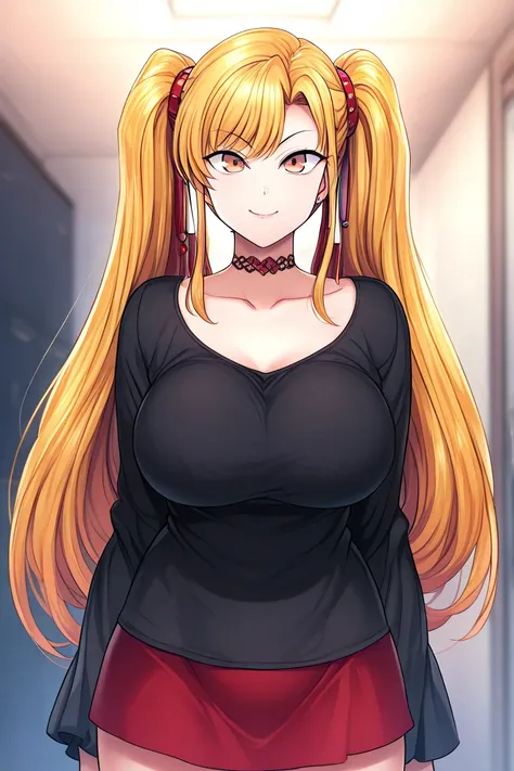  score_9,  score_8_up,  score_8,  big boobs, ( curvaceous), cute,  eyelashes,       break, , Beautiful American woman with golden hair ,   bundled her hair in the back,   hair tube  ,  twin tails,  Big Hair, Chest,  shoulder out,  big breasts, makeup, deta...