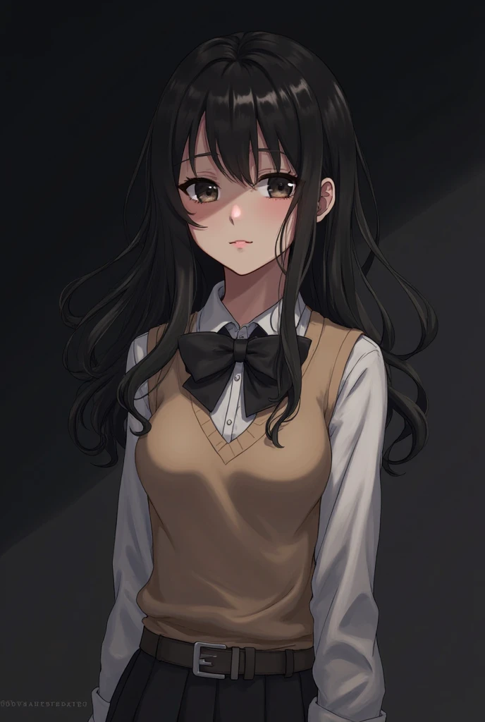 Anime girl. Black eyes. Black wavy hair. White shirt. Light brown sweater vest. Black bow. Black skirt. Dark background