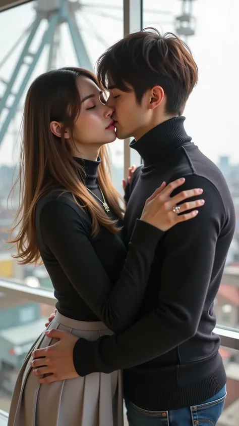 A beautiful adult Japanese woman is boldly hugging a younger man、((A woman is kissing a man's cheek:1.6))、Women( gentle sensual expression and gaze ))、(smooth, straight hair)、((Tight Turtleneck Sweater、 Low Rise Flared Mini Skirt、 Thigh High Long Boots))、(...