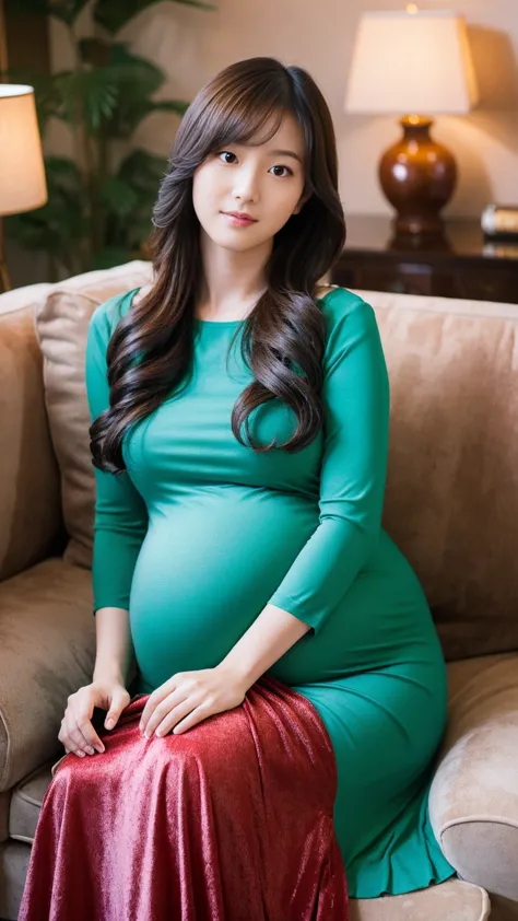 masterpiece, Best Quality, 8K,looking at the viewer,Japanese Lady,20 years old, huge pregnant, Voluptuous, luxury living room background, Chinese hanfu, shoulder length hair with fringe, sitting 