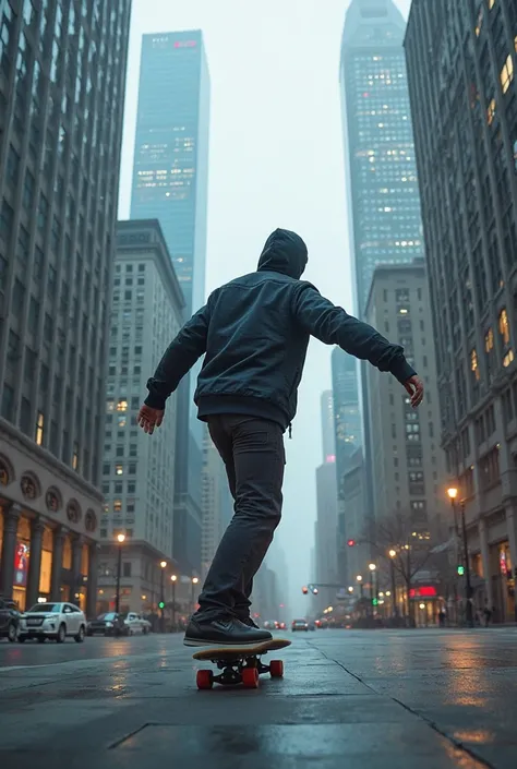 hdr photography, man with skateboard, background - city centrum or skyscrapers, cold colors, please