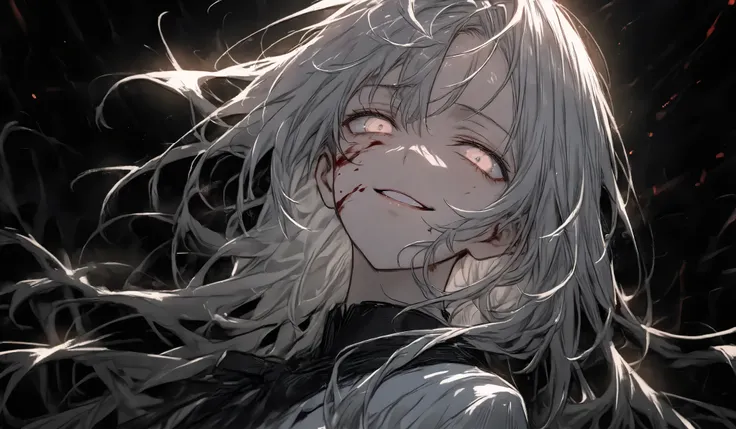 Beautiful boy with gray hair、 bad smile、((((Underexpose Lighting)))))、 Subtle yet dramatic lighting effects ，dark atmosphere、 beautiful and delicate eyes， best quality，Superb product、Black background 。Devilish smile、 long hair、 from a distance of a few met...