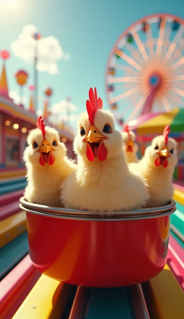 **"Several ultra realistic and super cute chickens are having fun on a colorful roller coaster at an amusement park.  the chickens , with soft and shiny feathers in shades of yellow,  was white and brown, are in the roller coaster cart, } with eyes wide wi...