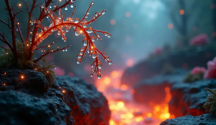 cinematic photo macro photo, sparkling dewdrops cling to a magical fantasy glass vine that runs from a high branch at the top near us down into molten lava, galaxy fantasy colors, [vertical orientation], open center area made of old paper. . 35mm photograp...