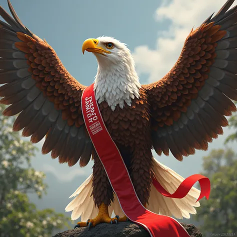 Eagle. flap its wings. a red and white ribbon sash that says the Republic of Indonesia, mangli berjaya