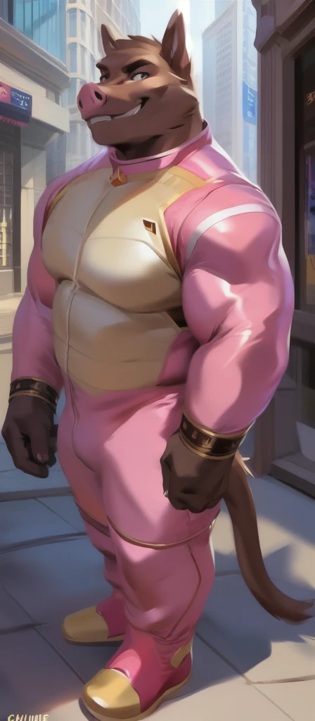   alone  , Male​ tall​., huge body,​standing, street ,  pig ,tail​ Bernard ​ long, ​ heavy  เกินพิกัด,   muscle bound , pink Military Spacesuit,Smirking evil , by chunie  