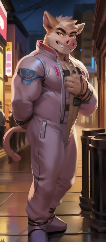   alone  , Male​ tall​., huge body,​standing, street ,  pig ,tail​ Bernard ​ long, ​ heavy  เกินพิกัด,   muscle bound , pink Military Spacesuit,Smirking evil , by chunie  