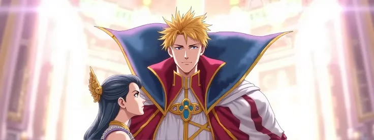 Anime King wearing a Massive popped collar with a collar so high it's taller than his head staring at his Queen