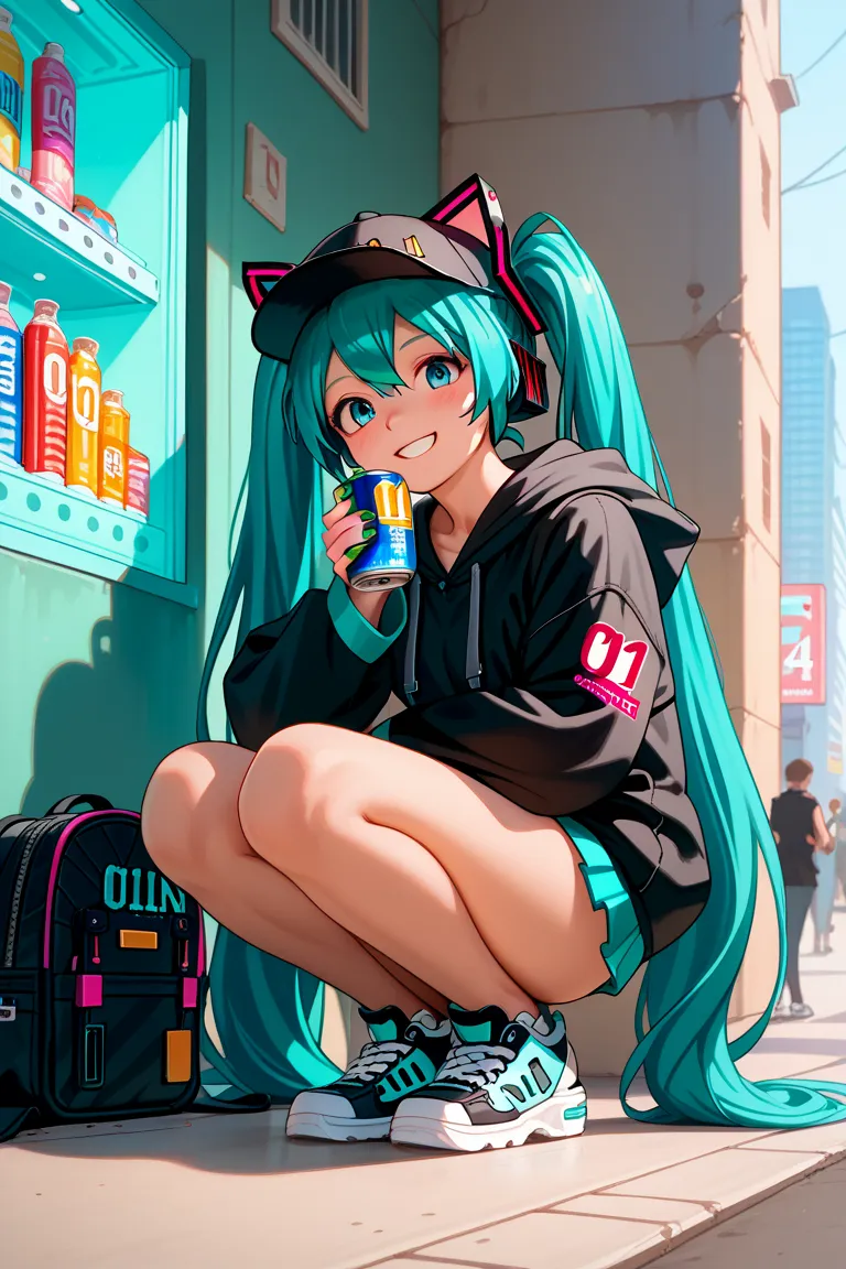 (TOP QUALITY), (8k detailed), ( masterpiece), masterpiece , 1 person , woman ,  Hatsune Miku ,  turquoise hair  , twin tails , smile ,  create a perfect body line  , Hot body  ,  exact finger , Light effects ,  Hatsune Miku , scene  , The blue-green nails ...