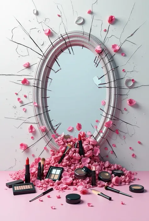 Create an image of a mirror breaking with makeup coming out of it