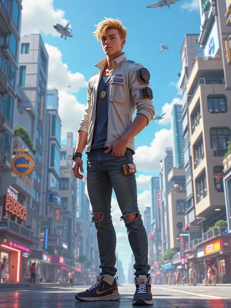 A blond young man from a near-future world who lives in a futuristic city 、 animation