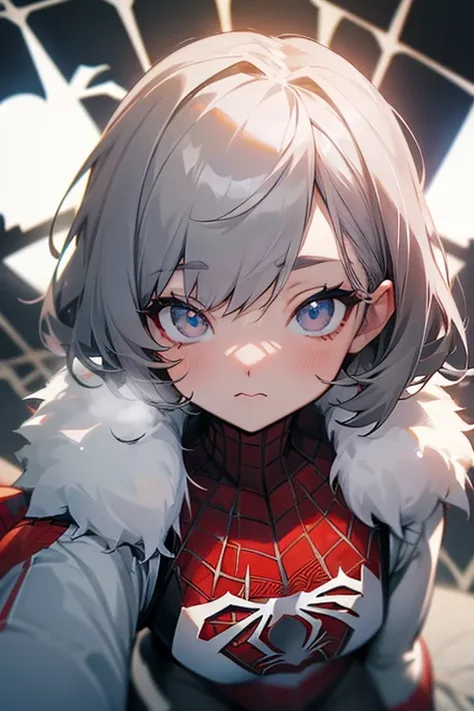    short white fur  , , ((Anime Beautiful Eyes )).   (( spiderman costume)). (( gray eyes:1.25)).Headbang 2.、    、    Face Up   、(Cute upward glance).