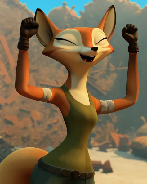 score_9, score_8_up, score_7_up, 1boy, solo,  Expressiveh, (VixSAST, furry, anthro, fox girl, fox tail, closed eyes, orange body, orange fur, green tank top, jeans, gloves, arm bandage), wide hips, legs, thighs, 4k, masterpiece, best quality, highly detail...