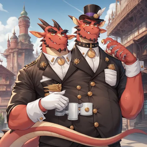 Male Scribble Dragon face,(Dragon),Chubby,(Black eyebrows:1.1),(Perfect eyes), scaly skin，（artist:Takemoto Arashi），steampunk, Gentleman, top-hat, Outside background，（Leather Collar:1.3），leather collar has a round collar-tag, round collar-tag, (White Gloves...