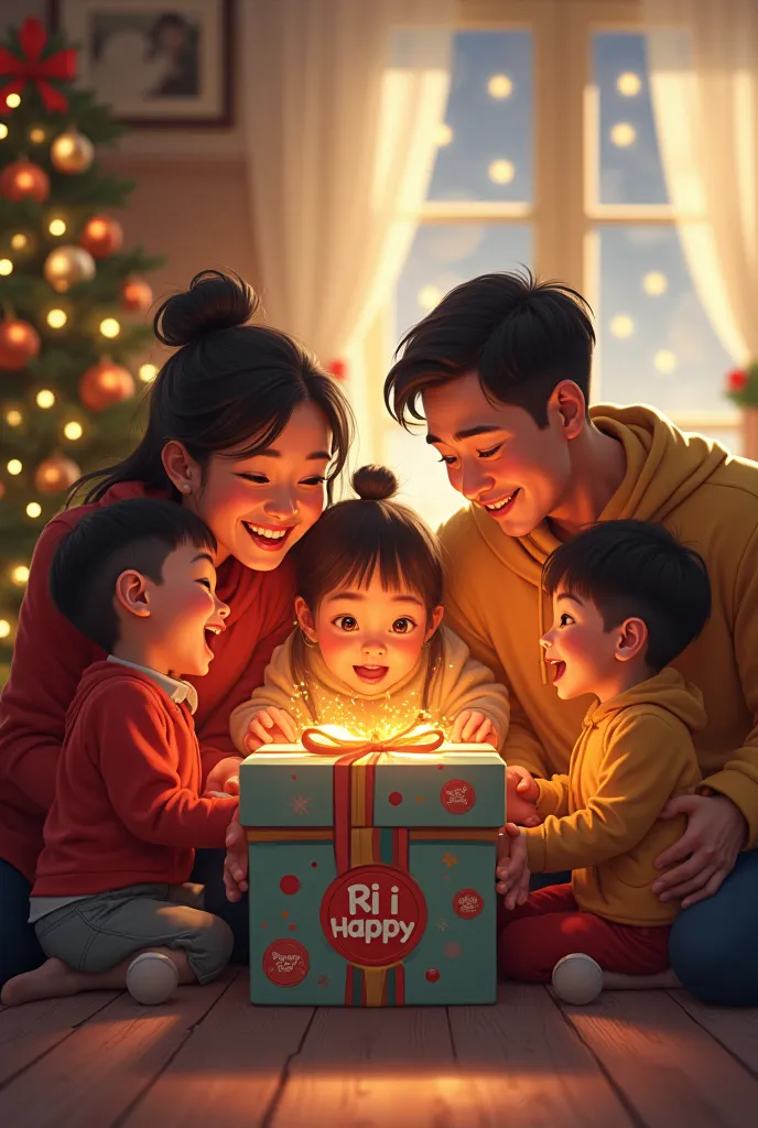 Create an image of a family opening a gift box from Ri Happy