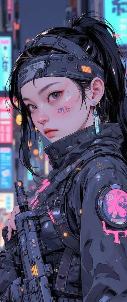 ( beautiful girl : 1.3),1 girl,(protective clothing,headband,earrings, Assault Rifle), black hair, ponytail, Hair Over One Eye, with barcode tattoos on their cheeks,smile,Reckless attitude,Evil face,Provocative attitude, with sharp eyes , cyberpunk, Neon S...