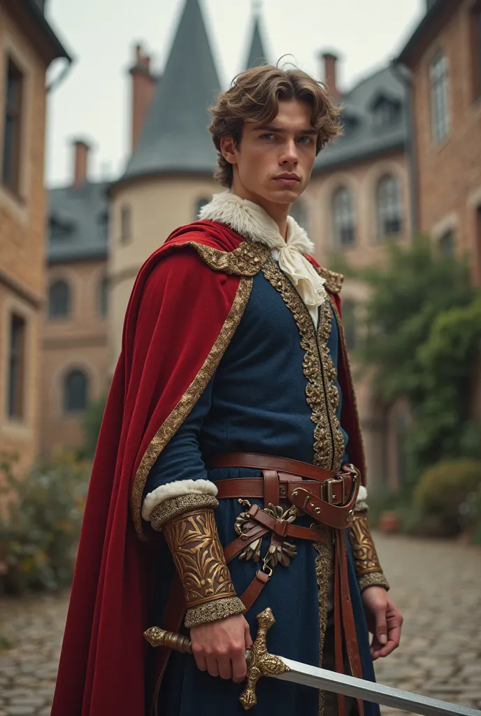 A bold young man in quaint aristocratic clothing, carrying a rapier, in the courtyard of a quaint little castle, strong depth of field, photo quality, masterpiece, 8K