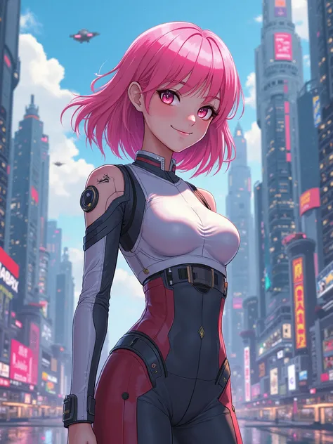 A pink-haired older sister from a near-future world who lives in a futuristic city、 animation