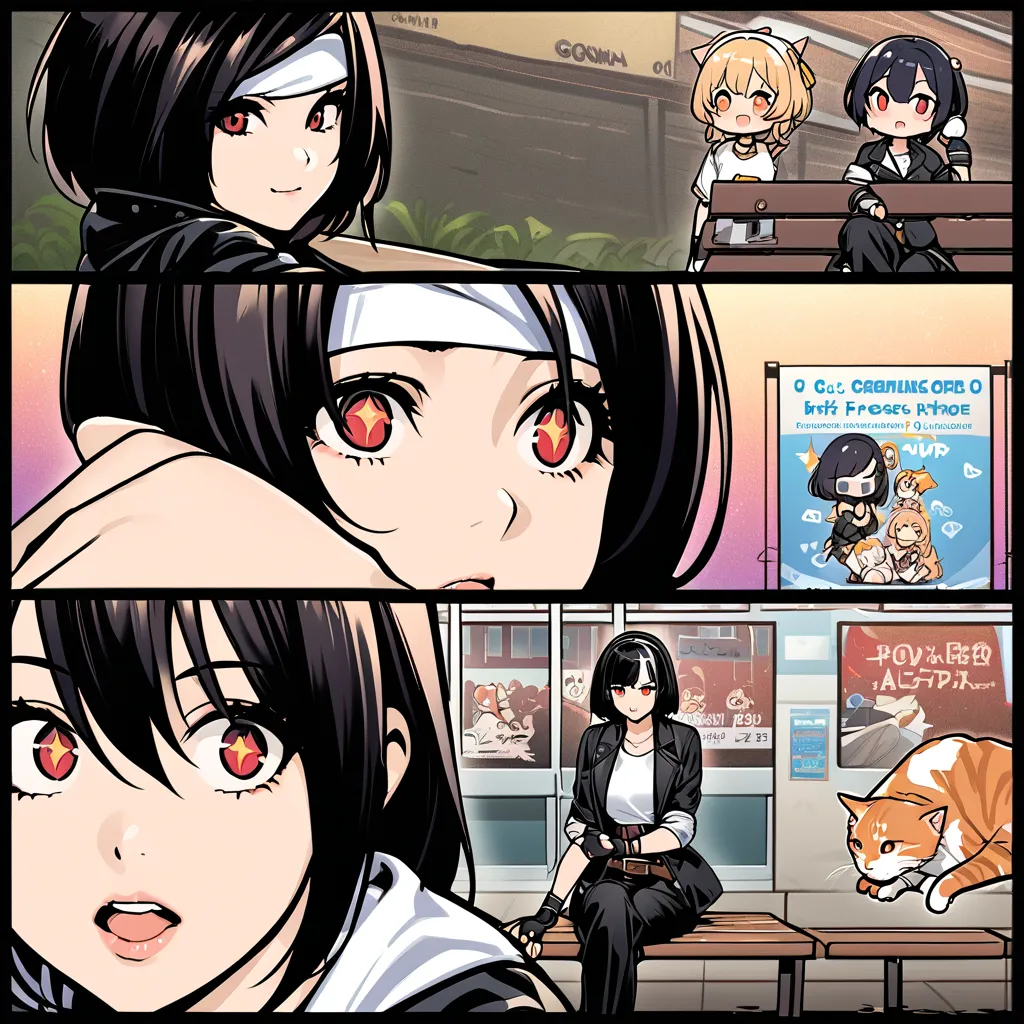 Four-panel cartoon, bus stop bench, ((black jacket with rolled up sleeves)), fingerless gloves, white T-shirt, ((white headband)), black pants, white shoes, brown belt, black hair, short cut, red eyes, cat, seductive eyes, warm atmosphere, naughty expressi...