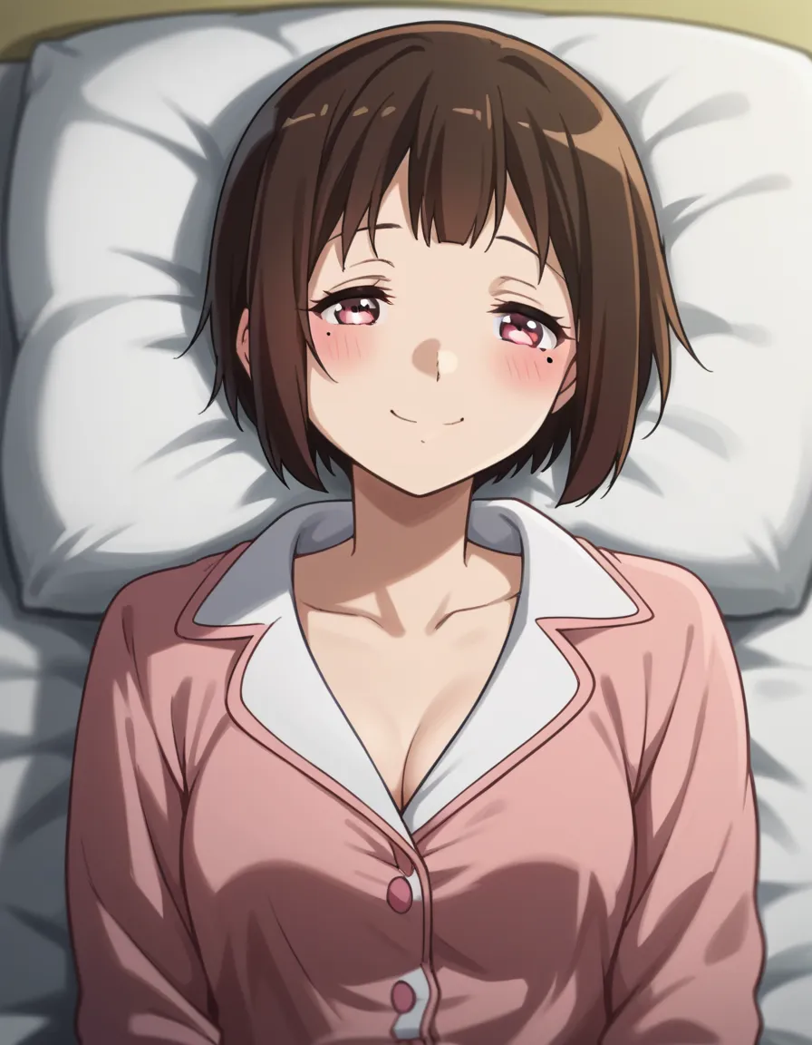 kaori nakaseko, Alone, (cowboy shot), short hair, bangs, brown hair, pink eyes, mole, mole under eye,  small breasts, cleavage, (smile), ( is fascinated), (shy), (blush), (cute pajamas), (sleepy:1.2), (lying), (bedroom)  score_9,  score_8_superior,  score_...