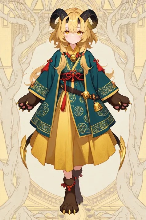 Folk clothing with swirl patterns depicting the wind.

Small golden bells and beads hanging from the belt.

Plush paws and bluish claws that glow in the dark.

Left eye partially covered by disheveled hair.

Curved horns decorated with protective ribbons.
...