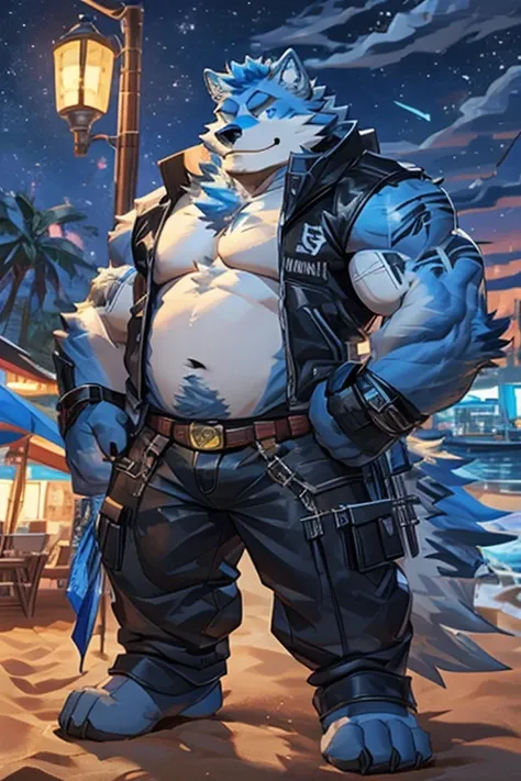 Anthropomorphic dark wolf (blue hair,blue eyes pupil,dark and blue fur,menace,blue tattoo) shirtless,herotic black pant,hairy chest,middle-aged,dad-bod,chubby,muscular arms, muscular legs,strong,huge,massive, tall (8'7 tall),smirk, handsome,cool,background...