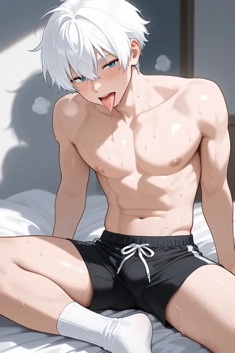 Anime Boy, short white hair ,no shirt,tight black shorts,wear long white socks, sweaty,he sits sticking out his slimy tongue,it's sixpack