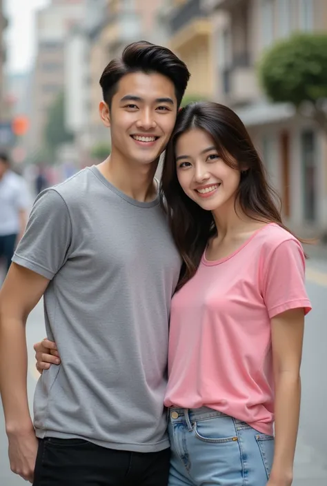  Young man and beautiful woman , Young man wearing gray T-shirt, black pants, knee-length shorts, Woman wearing pink t-shirt, long leg jeans ,Taking selfies together ,　Look at the camera　smile