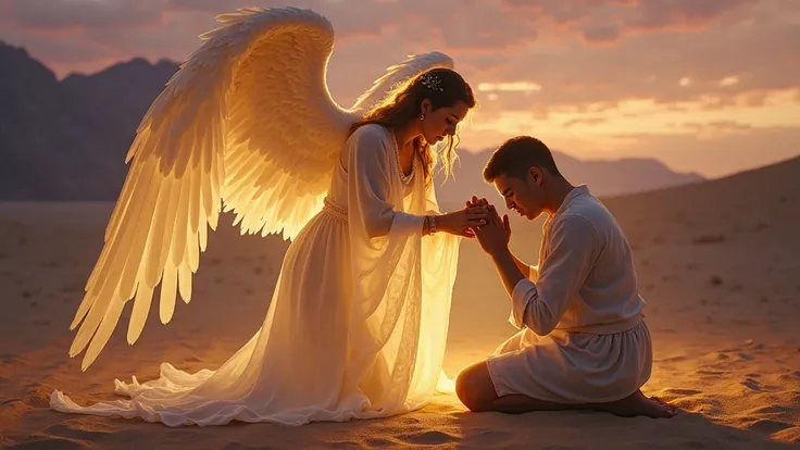 A magnificent female angel with radiant golden wings kneels beside a trembling figure in deep prayer, her left wing stretched wide like a shield, blocking unseen dangers from reaching them. Her face is serene yet fiercely protective, her glowing eyes watch...