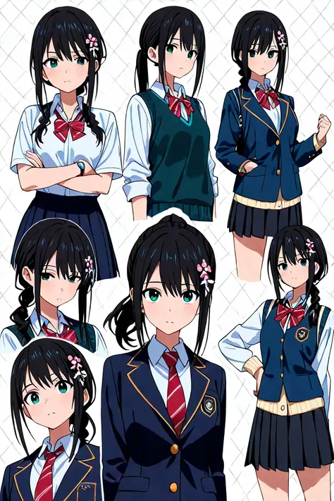 (masterpiece, The best quality at its best:1.2), alone、whole body、front、Character Sheet、one&#39;s junior、cool、Quiet、6,5 heads, School uniform ,skirt、High quality anime art、Character Sheet、Character Design、ponytail、beautiful、uniform, black hair, cold expres...