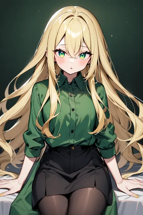 Blonde hair, Emerald eyes, green shirt, black tights, Long hair 