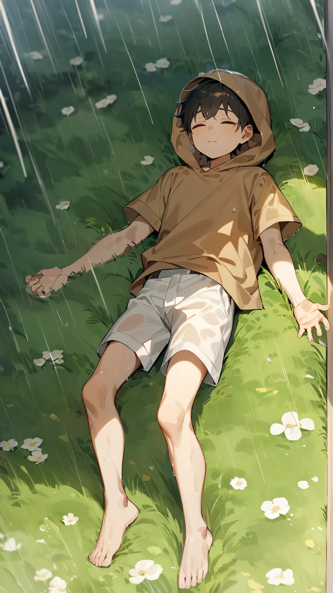 A boy around , he lies on his back in the middle of a green field on a rainy day. His arms are spread out to the sides, and his legs are slightly spread out. He is wearing a brown T-shirt and white shorts, both of which are slightly wet from the rain. His ...