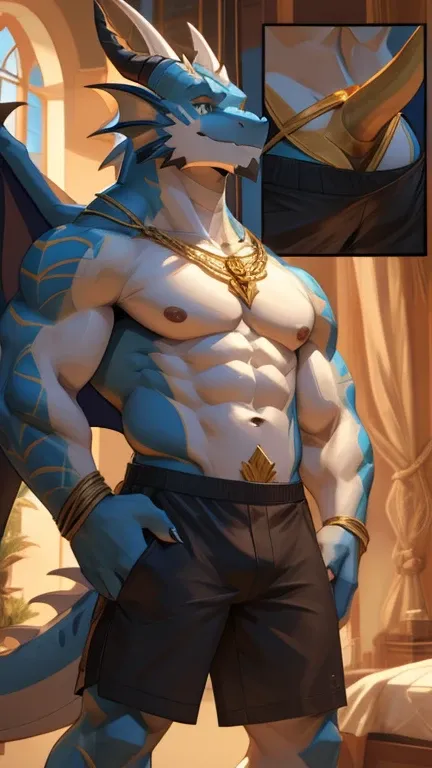 masterpiece, Anthropomorphic white dragon,Bai Longlan，Scaly luster, white belly,There is a pair of Gold dragon horns,,1 tail,Black Dragon Wing very muscular body, nice, Wear A pair of black shorts，standing on the Bedroom，close-up