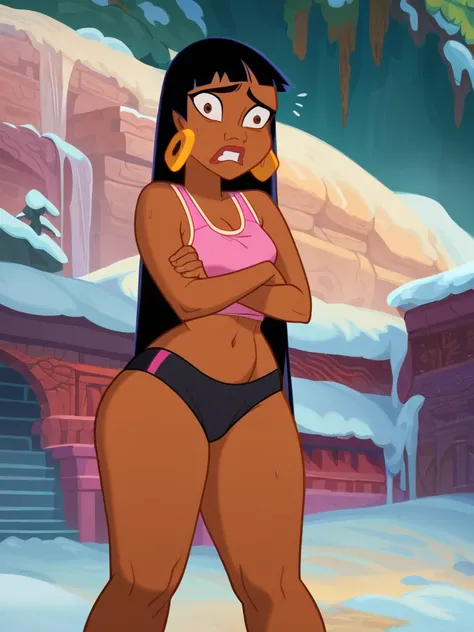 score_9, score_8_up, score_7_up, 1girl, solo, ch3l, dark-skinned female, black hair, long hair, brown eyes, gold hoop earrings, pink sports bra, navel, wide hips, thick thighs, midriff, looking at viewer, parted lips, outdoors, icicles, cold, freezing, shi...