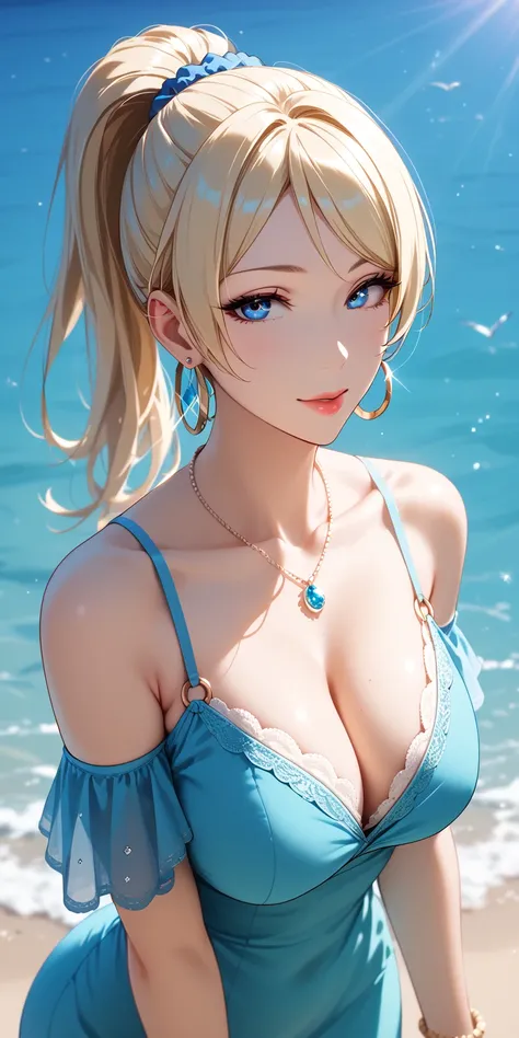  Fraction _9,  Fraction _8_up,  Fraction _7_up, source_animation, 4K resolution, Very beautiful, masterpiece,  high quality,  1girl , seductive mature woman, milf,   big boobs , curve beautiful, lovorve_or,  Blonde Hair, side sweep the sea, ponytail, white...