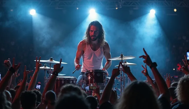 "Create a high-energy concert scene featuring a drummer performing live on stage at night. The drummer with long, wavy hair, plays drums. He's wearing a white tank top, denim shorts, and his face is illuminated by dramatic stage lighting. Audience members ...